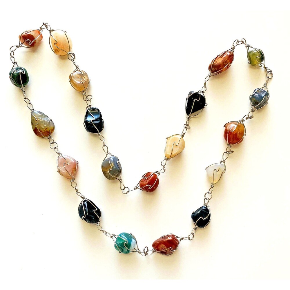 Vintage 33 Inch Artisan Wire-Wrapped Gemstone Cage Necklace Boho Festival Earthy